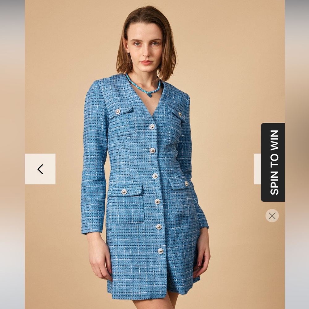 NWT Rihoas The V Neck Plaid Tweed Long Sleeve Mini Dress